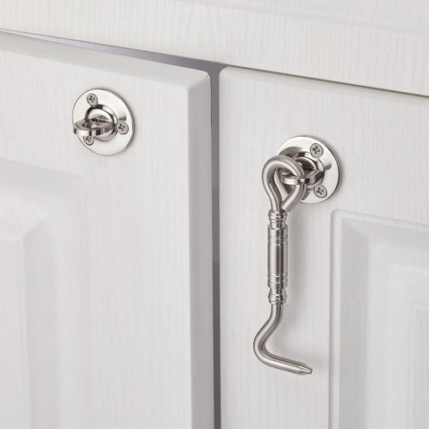 Two Pack Brushed Nickel Stainless Steel Hook And Eye Latch on white cabinet, 4 inch heavy duty for secure locking.