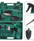 10 Piece Portable Metal Garden Tool Set With Carrying Case For Outdoor Planting Including Rake Pruner And Shovel A Must Have Beginner Friendly Lawn Care Kit For Plant Maintenance And Everyday Garden Tasks, green case open