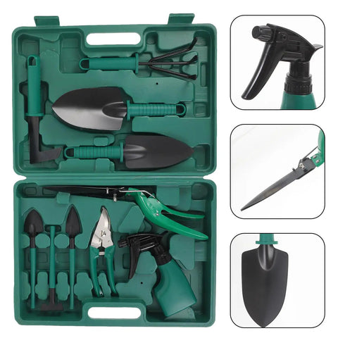 10 Piece Portable Metal Garden Tool Set With Carrying Case For Outdoor Planting Including Rake Pruner And Shovel A Must Have Beginner Friendly Lawn Care Kit For Plant Maintenance And Everyday Garden Tasks, green case open