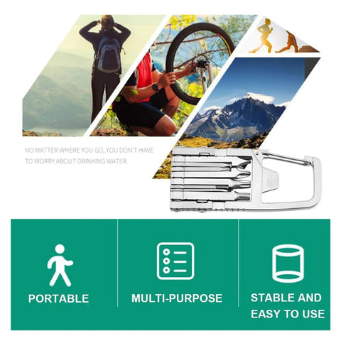 13 In 1 Stainless Steel Multi Tool for Camping and Hiking Portable Pocket Gadget with images of outdoor activities