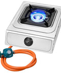 10000 BTU Propane Portable Stove For Outdoor Camping Single Burner Stainless Steel Cooktop With Hose, lit burner view