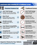High-end license plate mounting kit comparison, featuring Top Shelf Anti Theft License Plate Screw Kit Featuring Tamper Proof Stainless Steel Fasteners With Security Nuts And Caps To Lock Your Car Tags Down In Sleek Black Finish.