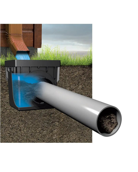 Square Catch Basin Drain Filter For No Clog Drainage Systems, Removable Filter For 12 Inch Basins, shown blocking debris in pipe