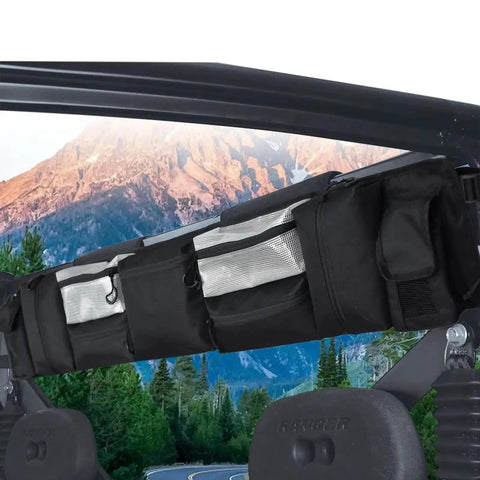 Extra Thick Hella Tough UTV Roll Cage Storage Bag With Secure Straps For Arctic Cat Prowler Ev mounted on UTV roll cage.