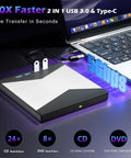 8 In 1 External CD DVD Drive With USB 3.0 And Four USB Ports And Two TF SD Card Slots Type C Compatible High Speed Data Transfer For Laptops Desktops PCs, slim black silver drive