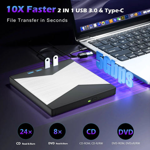 8 In 1 External CD DVD Drive With USB 3.0 And Four USB Ports And Two TF SD Card Slots Type C Compatible High Speed Data Transfer For Laptops Desktops PCs, slim black silver drive