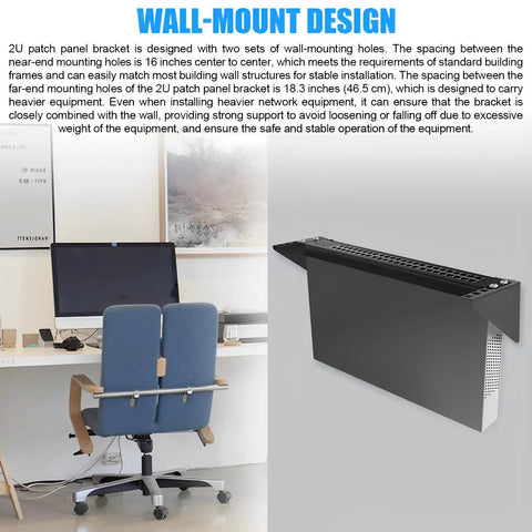 Straight Up Heavy Duty 2U Hinged Wall Mount Patch Panel Bracket Vertical Rack For 19 Inch Server Racks And Network Switches side view with mounting holes.