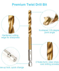 Front view: YXYL 19-piece hex twist drill bit set; gold titanium-coated bit with quick-change hex shank
