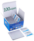Front view of ALIBEISS pre-moistened lens cleaning wipes box, 100 wipes, blue packaging with sachets and microfiber cloth
