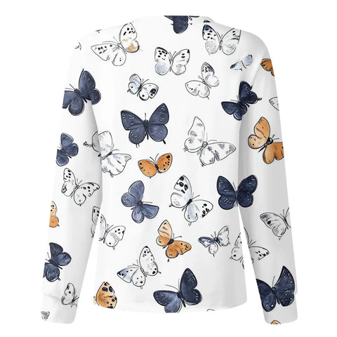Slick Long Sleeve Women Scrub Jacket And Nurse Uniform Coat With Killer Pockets Plus Size Healthcare Top in butterfly print.