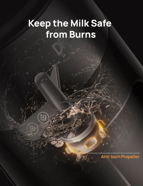 Close-up of anti-burn propeller in Milk Frother With 8 In 1 Functionality For Latte Art, Microfoam And Coffee, Stainless Electric Frother.