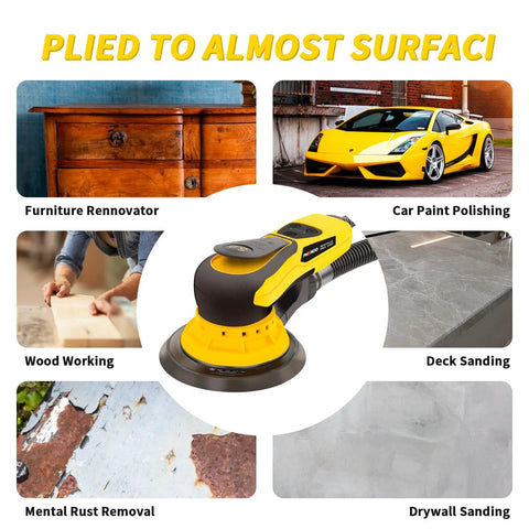 Brushless 350W Random Orbital Sander With 3A Motor, shown with applications in car paint polishing, woodworking, and drywall sanding