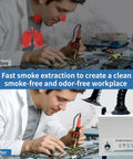 Before and after showing Powerful Solder Fume Extractor With Beast Mode Suction for clean air during soldering tasks.