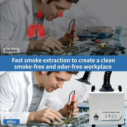 Before and after showing Powerful Solder Fume Extractor With Beast Mode Suction for clean air during soldering tasks.