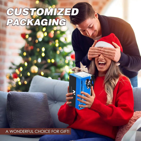 Man surprising woman with an Electrical Automatic Rolling Machine Mini Injector gift on a couch, Christmas tree in background.