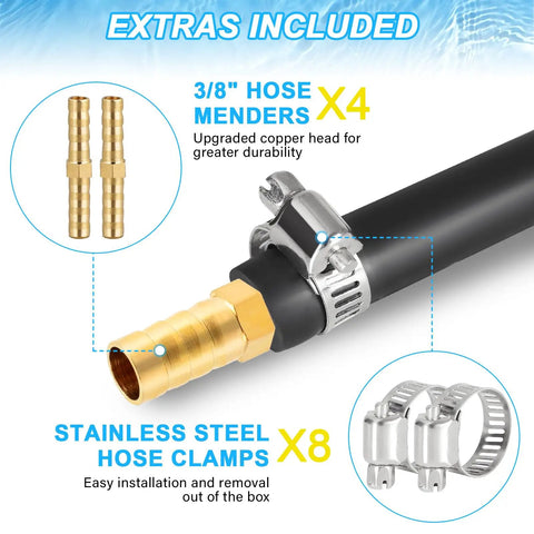 Three Eighths Inch Self Sinking Aeration Hose Kit, 100 Feet Pond Aeration Hose With Eight Stainless Steel Clamps And Four Copper Menders, detail view of copper mender and clamp.