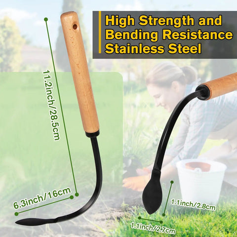 Weed Puller Tool With Heavy Duty Steel Curved Head, Manual Weeder, Hand Cultivator And Garden Hoe, Black, with measurements