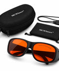 The Real Deal OD7 Plus Laser Safety Glasses With CE Certified Nano PC Lenses in protective case, showing orange lenses and accessories.