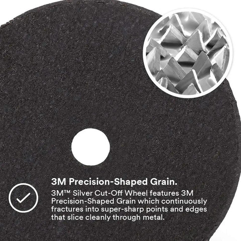 Close-up of Silver Cut-Off Wheel With Ceramic Abrasive Grain For Ultra Fast, Cool Cutting showing precision grain detail