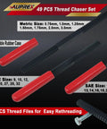 49 Piece Thread Chaser Set With Taps Dies And Thread Files For Re Threading UNC UNF And Metric Threads Pro Grade SAE Thread Repair Kit visible with red handles and rubber case