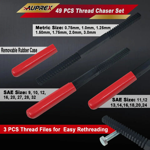 49 Piece Thread Chaser Set With Taps Dies And Thread Files For Re Threading UNC UNF And Metric Threads Pro Grade SAE Thread Repair Kit visible with red handles and rubber case