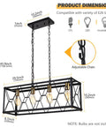 Industrial Kitchen Island Pendant Light Fixture With Black Metal Cage And Brass Gold Accents, adjustable chain, dimensions visible.