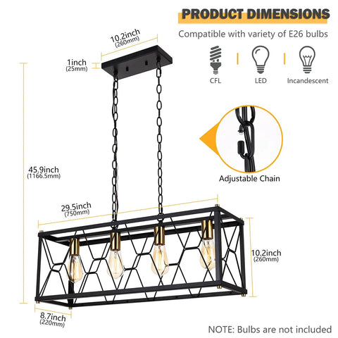 Industrial Kitchen Island Pendant Light Fixture With Black Metal Cage And Brass Gold Accents, adjustable chain, dimensions visible.
