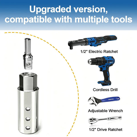 Heavy Duty Trailer Jack Drill Adapter For 1 Inch Shaft with tools, showing compatibility with various ratchets and drills.
