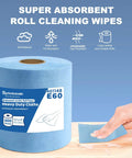 Top Tier Heavy Duty Embossed Jumbo Roll Industrial Cleaning Wipes Super Absorbent Lint Free Workhorse Cloths Solid For Oil And Grease Removal 10 By 15 Inches 500 Sheets on a blue roll with hand using a wipe.