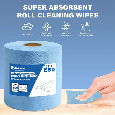 Top Tier Heavy Duty Embossed Jumbo Roll Industrial Cleaning Wipes Super Absorbent Lint Free Workhorse Cloths Solid For Oil And Grease Removal 10 By 15 Inches 500 Sheets on a blue roll with hand using a wipe.