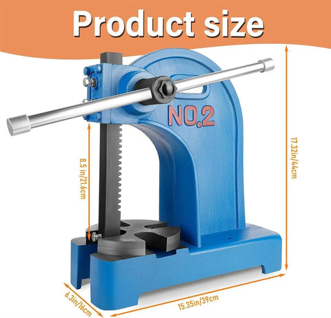 Heavy Duty Cast Iron Manual Arbor Press 2 Ton Desktop Workhorse With Full Stroke Reversible Plunger For Stamping Bending And Precision Metal Fabrication Work In Blue - size dimensions shown.