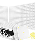 White Pyramid Acoustic Foam Panels Fifty Pack Peel And Stick Sound Dampeners displayed on a wall, 12"x12"x2" size.