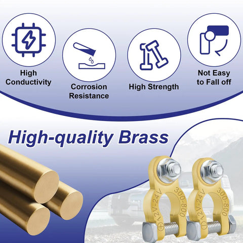 Heavy Duty One Pair Battery Terminal Connectors With Color Coded Washers Solid Brass displayed with high-quality brass details.