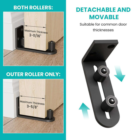 Adjustable Sliding Barn Door Floor Guide With Flat Bottom Design In Black, showing detachable, movable features for thickness.