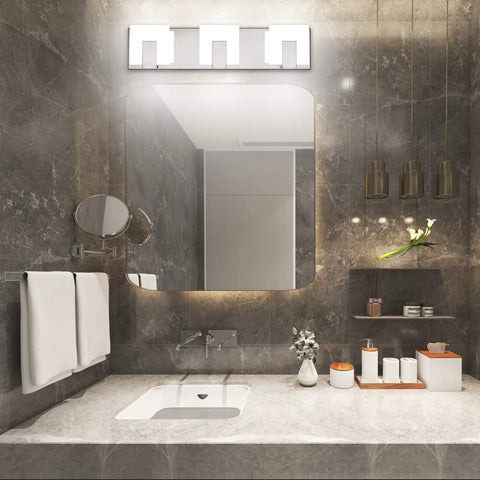 Bathroom with 3 Light Sleek Modern LED Vanity Light For Bathroom With Frosted White Acrylic Chrome Up And Down Wall Fixtures Over Mirror White Light 6000K