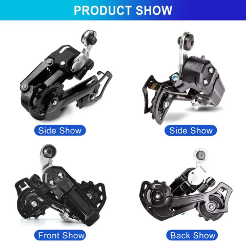 RD-TY200 6 To 7 Speed Rear Derailleur Direct Mount For Mountain Bikes Heavy Duty Steel Construction Easy Install shown in four angles