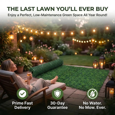 Woman relaxing near Ivy Privacy Fence Screen 40 By 120 Inch UV Resistant Faux Boxwood Roll Panels for decor and privacy.