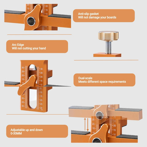 Close-up of Cabinet Door Mounting Jig With Adjustable Positioner, showing aluminum alloy construction and scale markings for precise use.