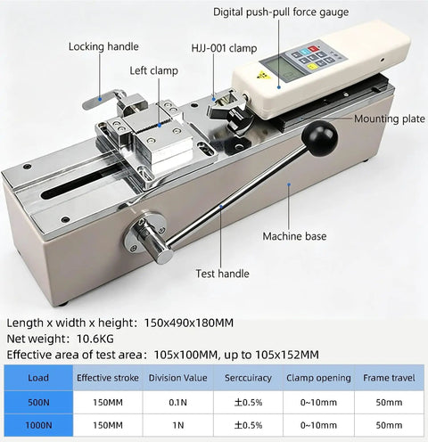 Digital Pro Grade Pull Force Tester With Horizontal Push Pull Stand For 500 To 1000N Wire Harness And Terminal Tensile Testing Portable High Accuracy Pull Force Test Machine Set With Five Metal Fittings, 500N
