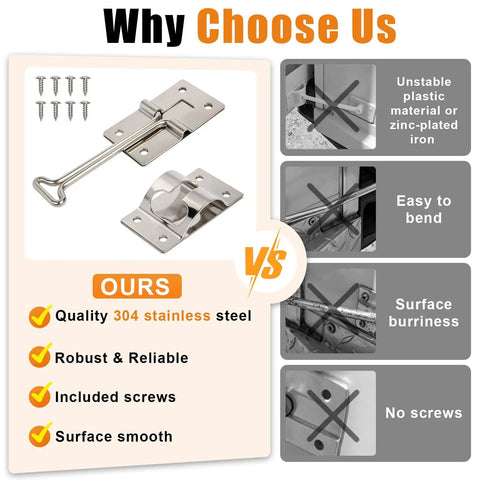 Heavy Duty 4 Inch RV Door Holder 304 Stainless Steel Camper Door Stop With Mounting Hardware displayed with screws and comparison.