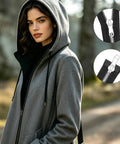 Woman in a gray hooded coat with close-ups of the All In One Zipper Repair Kit With 85 Pieces Do It All Quick Fix Set Including 3 Size Sliders And Pulls For Metal, Plastic And Nylon Zippers, Universal Fix Kit With Pliers For Jackets Coats Backpacks Luggage And Tents.