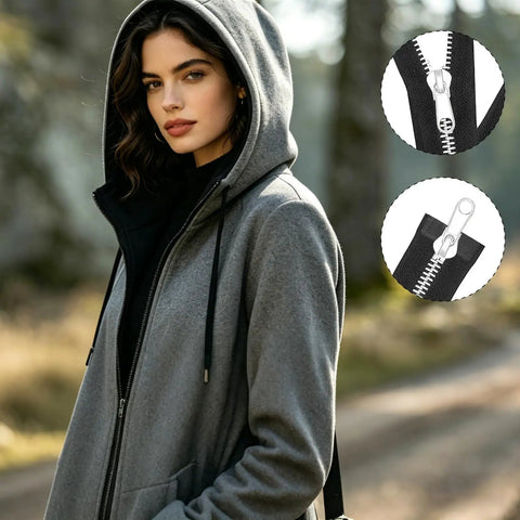 Woman in a gray hooded coat with close-ups of the All In One Zipper Repair Kit With 85 Pieces Do It All Quick Fix Set Including 3 Size Sliders And Pulls For Metal, Plastic And Nylon Zippers, Universal Fix Kit With Pliers For Jackets Coats Backpacks Luggage And Tents.