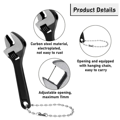 Pocket Size 3 Piece Tiny Adjustable Wrench Set 2.5 Inch Mini Crescent Wrenches with Chain Locking Feature shown with product details