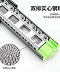 Close-up of heavy duty drawer slide with dampening and hydraulic silence, featuring thickened buffer rail and steel ball bearings.