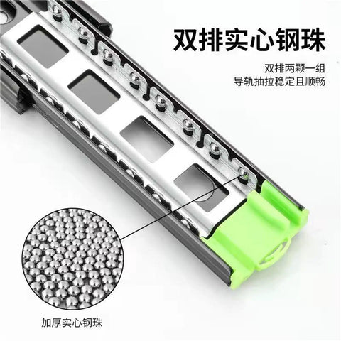 Close-up of heavy duty drawer slide with dampening and hydraulic silence, featuring thickened buffer rail and steel ball bearings.