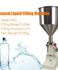 Heavy Duty Stainless Steel Manual Bottle Filler With Solid 10 Liter Hopper And Drip Free Piston Pump Adjusts From 5 To 60 Ml for liquid filling.