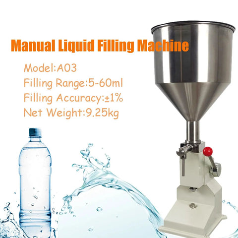Heavy Duty Stainless Steel Manual Bottle Filler With Solid 10 Liter Hopper And Drip Free Piston Pump Adjusts From 5 To 60 Ml for liquid filling.