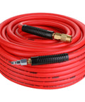 Hybrid Air Hose 3/8 Inch by 100 Feet For Air Compressors, with 1/4 Inch Brass Coupler, coiled red hose, heavy-duty and kink resistant