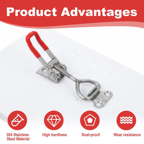 Stainless Steel Toggle Latches With Lock Holes Set Of Two Adjustable 304 Latch Clamps displaying features with red accents.