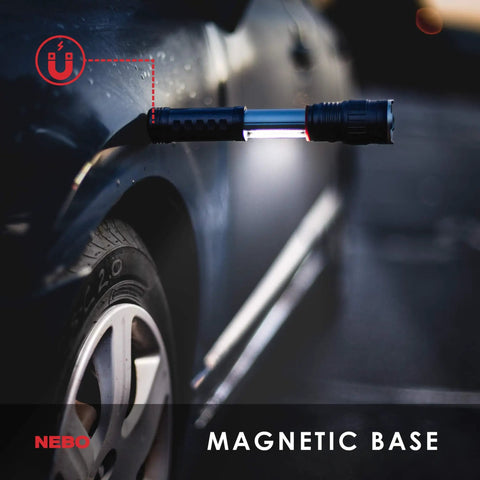 Slide Out COB Work Light And Flashlight With Strong Magnetic Base attached to car metal surface for hands-free use.